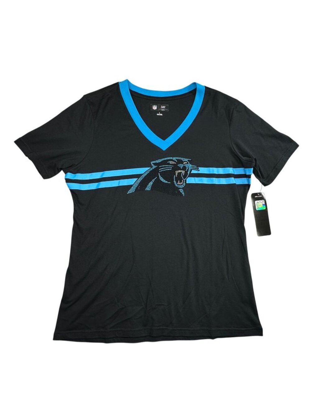 NFL Carolina Panthers Womens Large V-Neck T-Shirt Black Blue Bling Logo NEW
